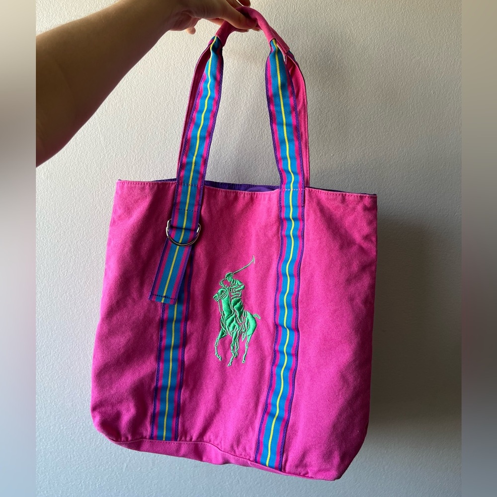 Big Ralph Lauren Hot Pink Canvas Tote with Green Polo Embroidery - Picture 4 of 8
